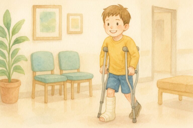 骨折をした息子が頑張って歩いている様子