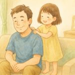 父の日に娘がが肩のマッサージをしている様子