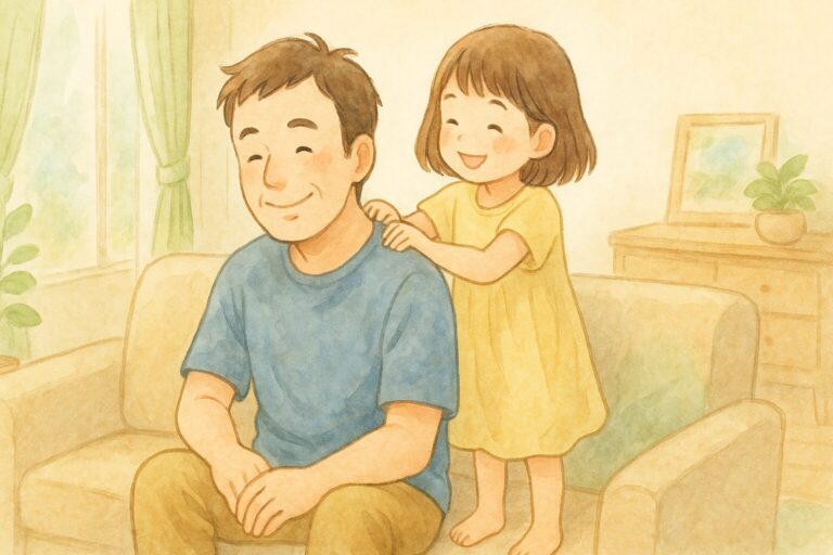 父の日に娘がが肩のマッサージをしている様子